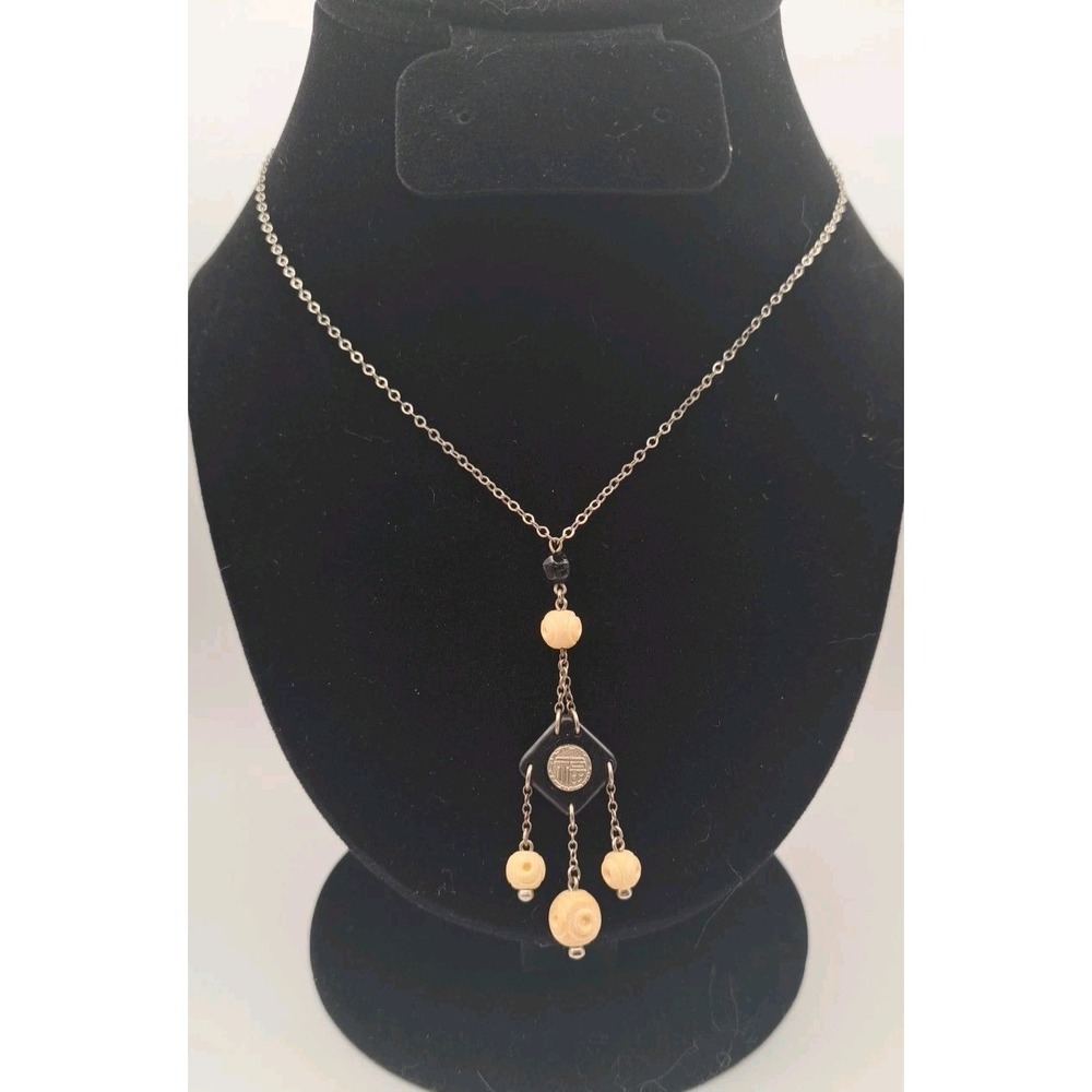 Vintage-Style Drop Necklace Featuring Black and Cream-Colored Beads 16" Total